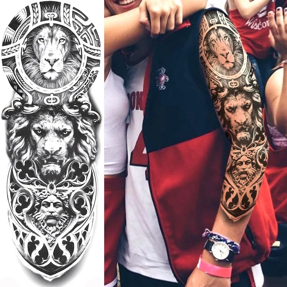Black Military Maori Totem Temporary Sleeve Tattoos For Men Realistic Fake Full Arm3D Dragon Skull Wolf Lion Robot Tatoos Paste