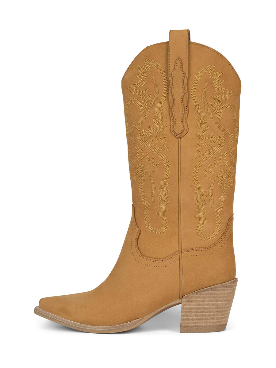 Beige Faux Suede & Vegan Leather Sophisticated Embroidered Boots 