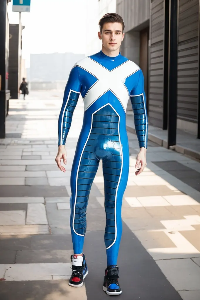 Men Latex Catsuits Back Zipper Superhero Sports Blue