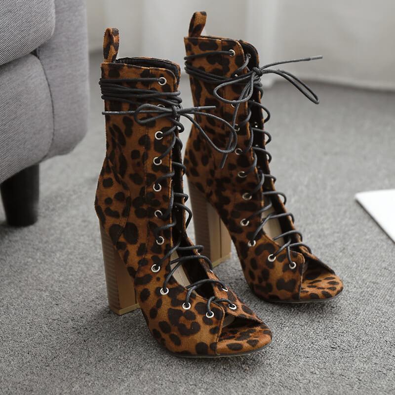 GOOSHOE Leopard Strap Suede Chunky Heel Sandals