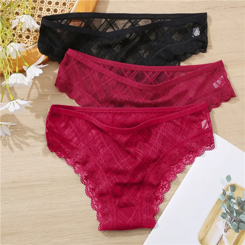 FINETOO M-2XL Sexy Lace Panties Women 3Pcs/set Low Waist Lattice Underwear Ladies Transparent Panty Female Underpants Lingerie