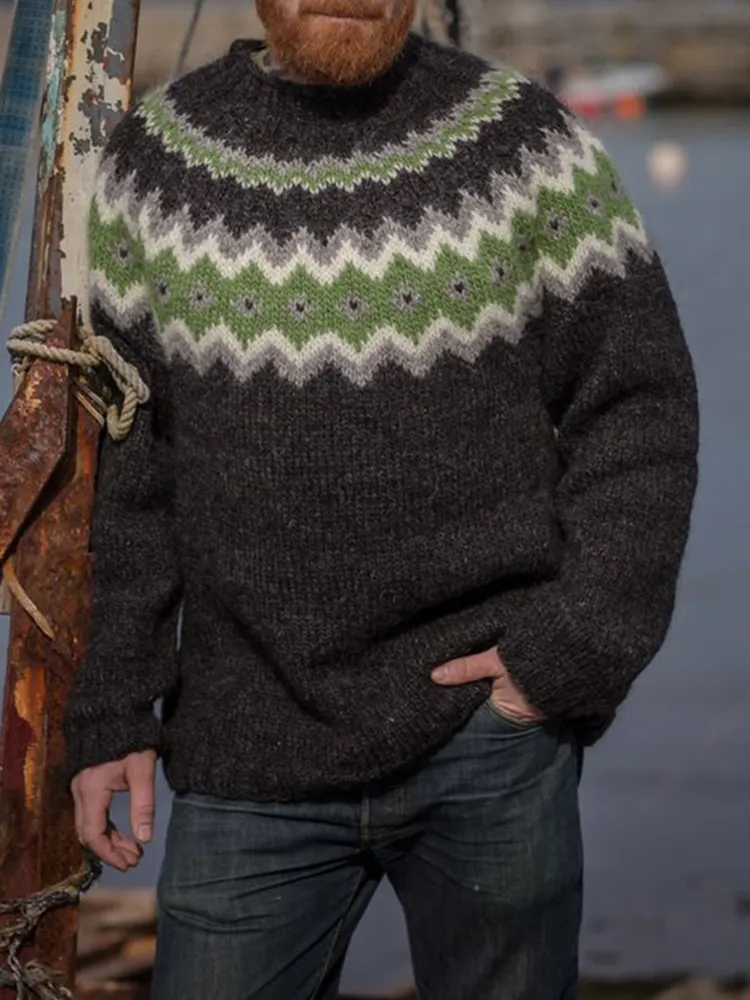 Men'S Vintage Gray Knitted Jacquard Crew Neck Sweater