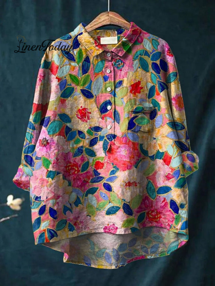 Women&rsquo;s Flower Print Casual Cotton And Linen Shirt Multicolor / S