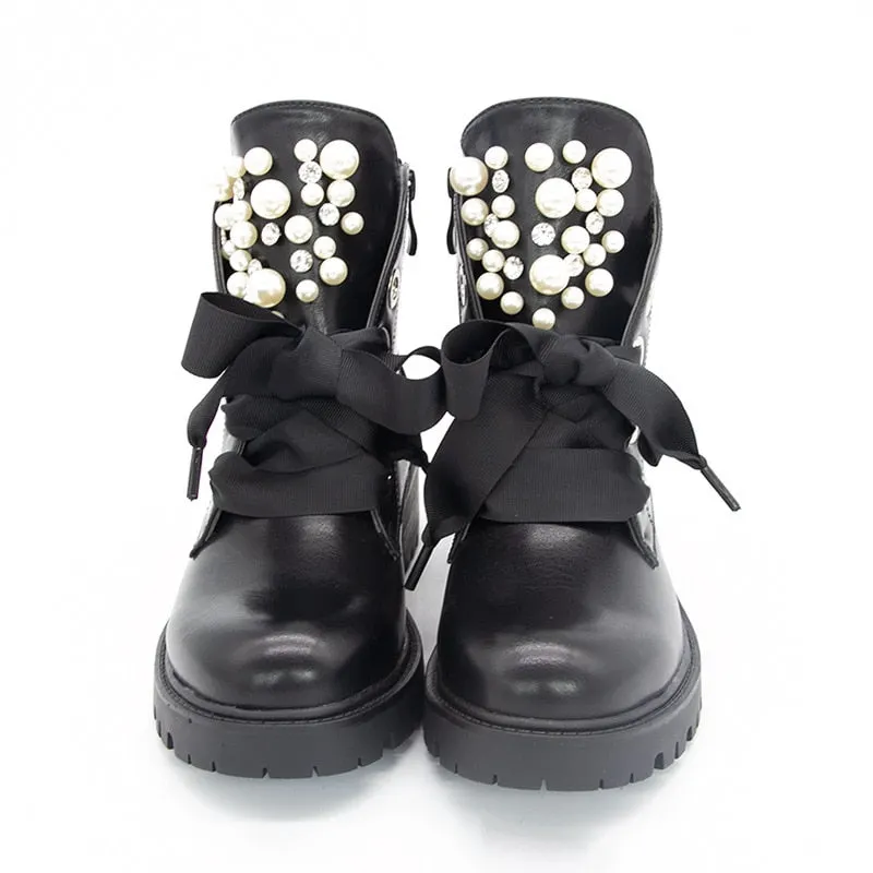 Women Short Boots 2022 Ladies Leather Ankle Boots Autumn Platform Motorcycle Shoes For Woman's Punk 36-42 Winter Pearl Rivet Sho