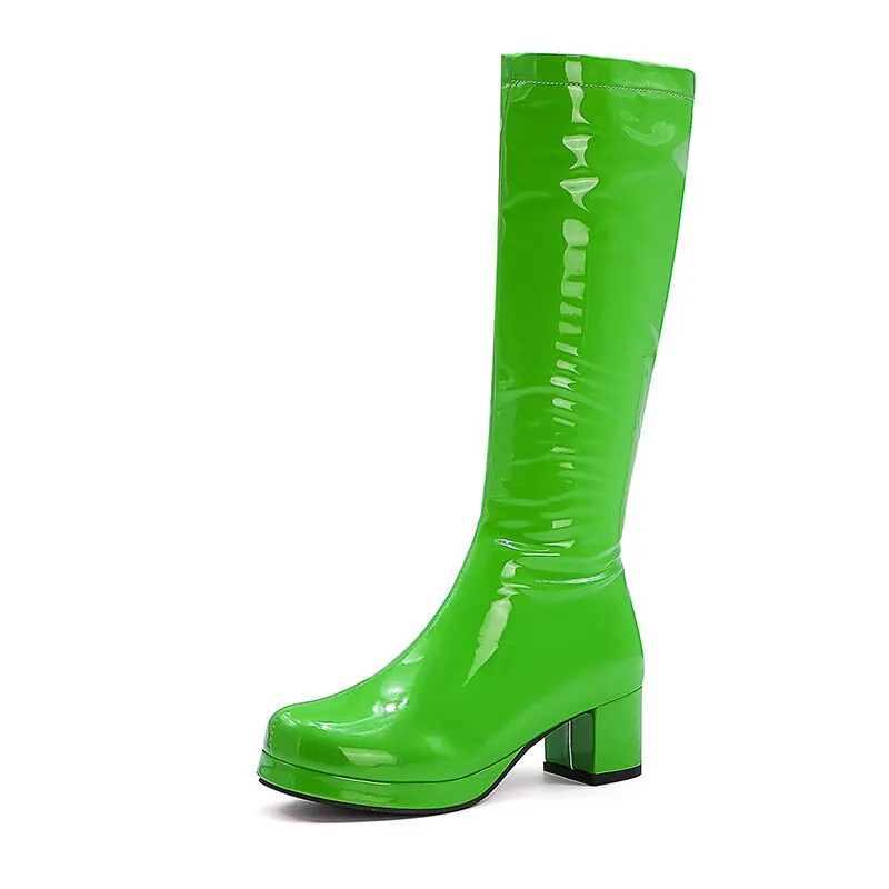 Gdgydh Women Patent Leather Boots 2021 Autumn Winter High Heel Platform Mid Calf Boots For Women Colorful Fashion Light PU Boots