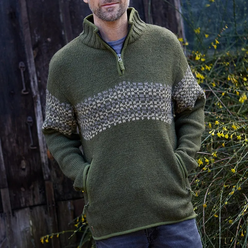 Vintage Warmth Norwool Icelandic Knit Jacquard Half Zip Collar Sweater（Unisex ）