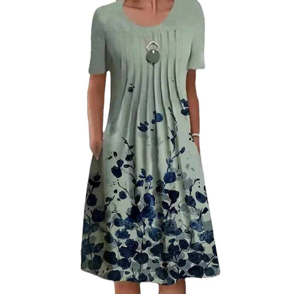 Brownm Floral Print Round Neck Pocket Mid-length Dresses