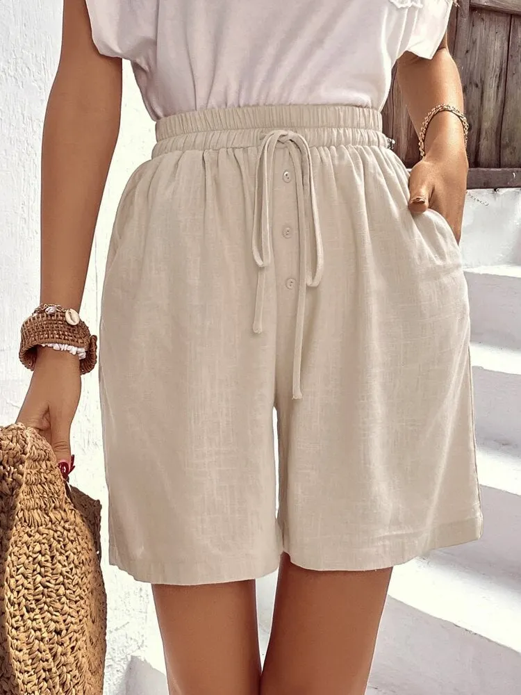 Women's Solid Color Drawstring Waist Pocket Shorts