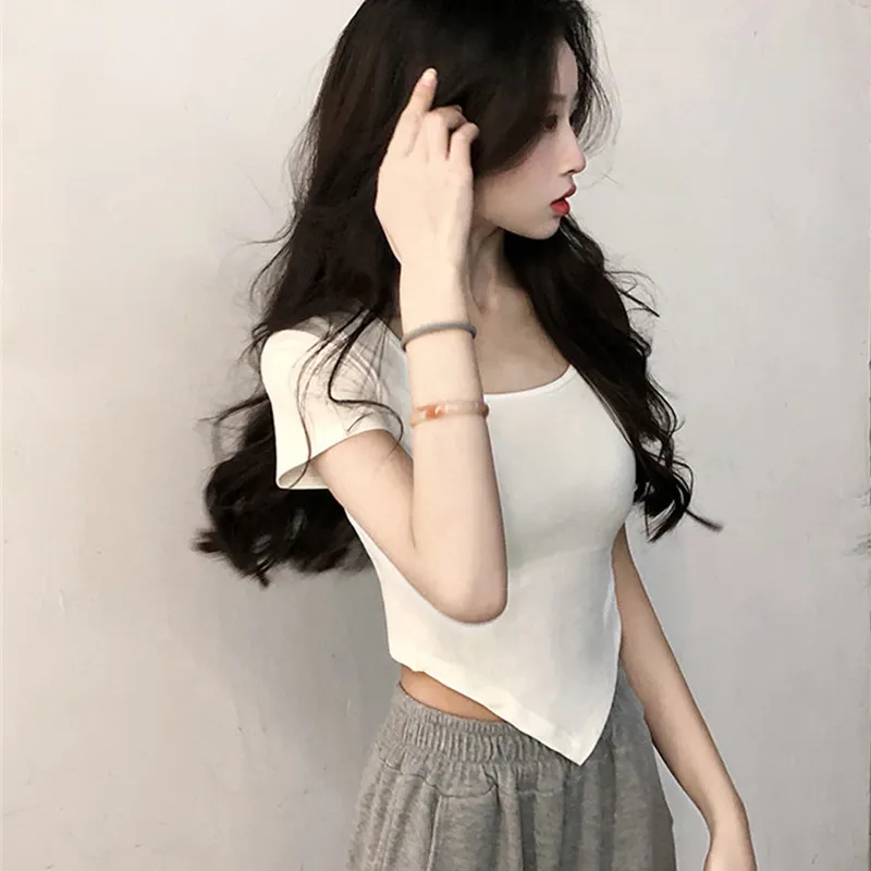 Uveng Uveng Girl Square Collar Short Sleeve Women's Summer 2024 New Thin Slim Casual Top Irregular Trendy Ins Girls T-Shirt