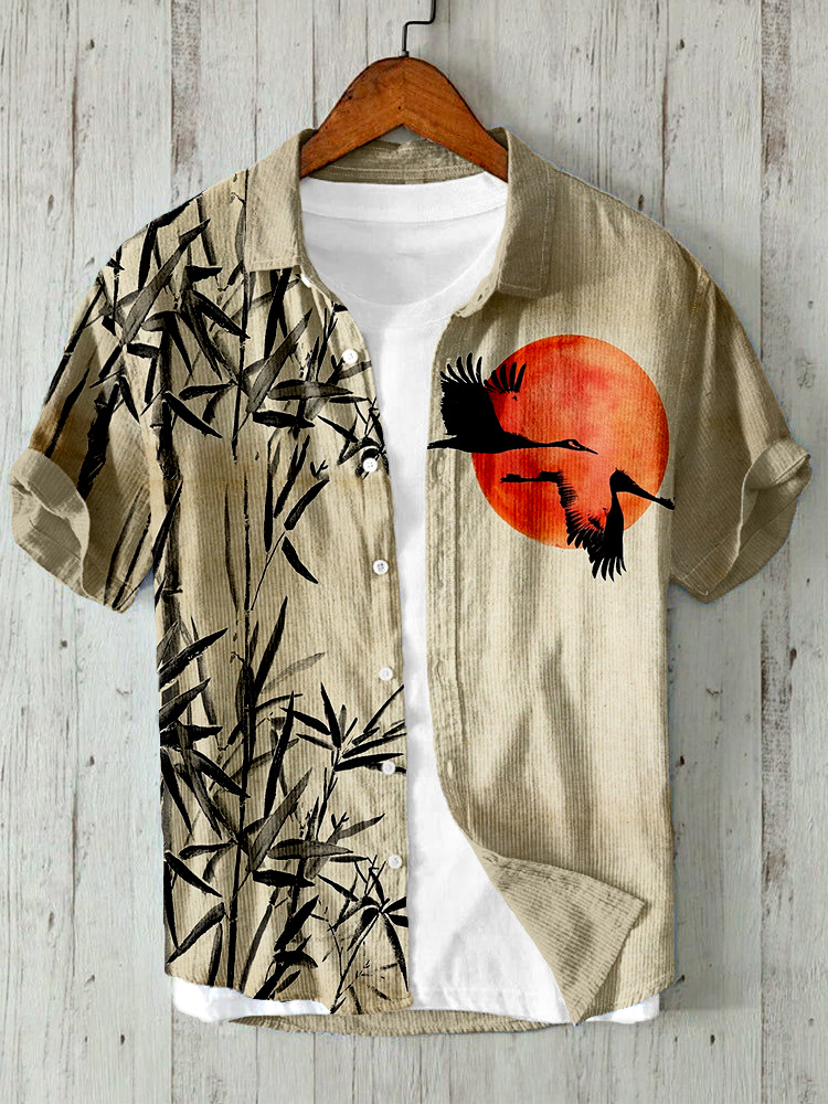 Japanese Sumi E Red Cranes Rising Sun Bamboo Art Linen Blend Shirt  artssus