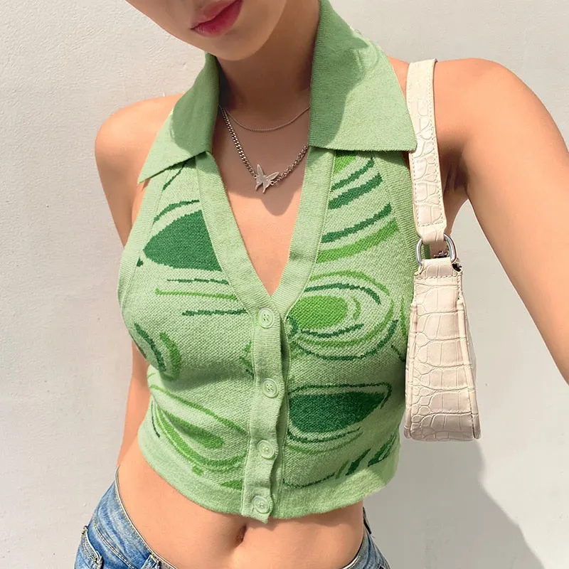 HEYounGIRL Halter Sleeveless Knitted Crop Top Women Sexy Backless Tank Top Autumn Print V Neck Vest Ladies Button Knitwear