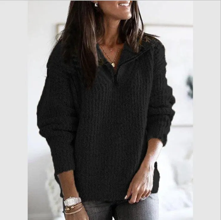 Brownm Attractive Women's Zipper Pullover Long-sleeved Sweaters