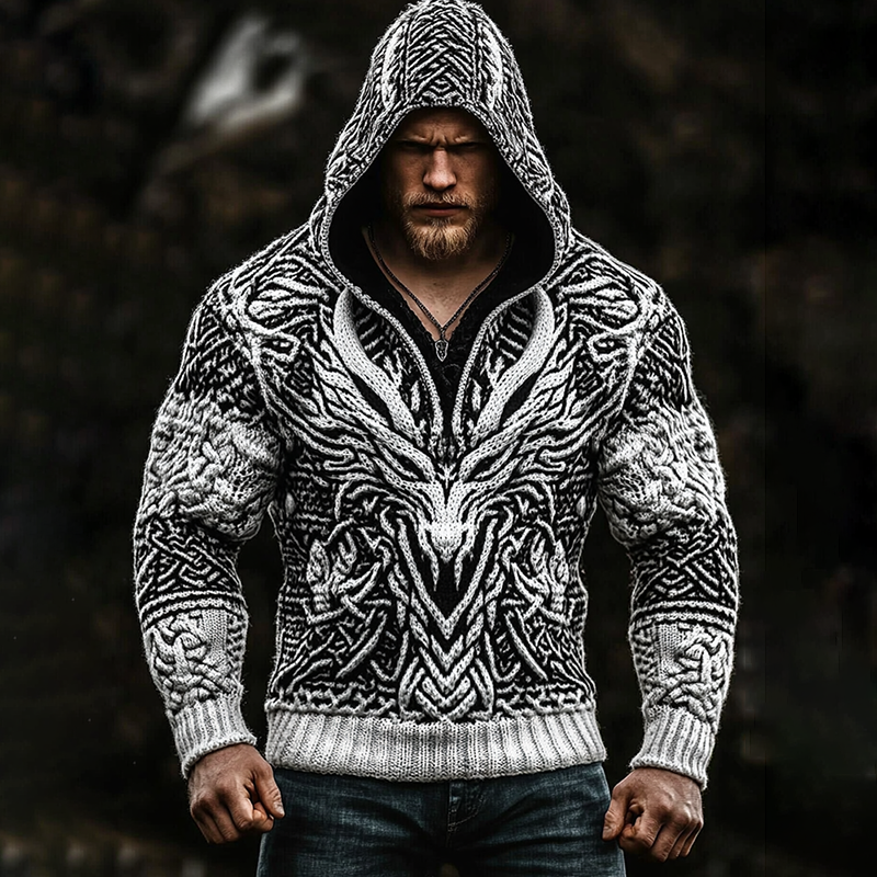 Men's Viking Tribal Dragon Jacquard Celtic Inspired Cozyhooded Sweater
