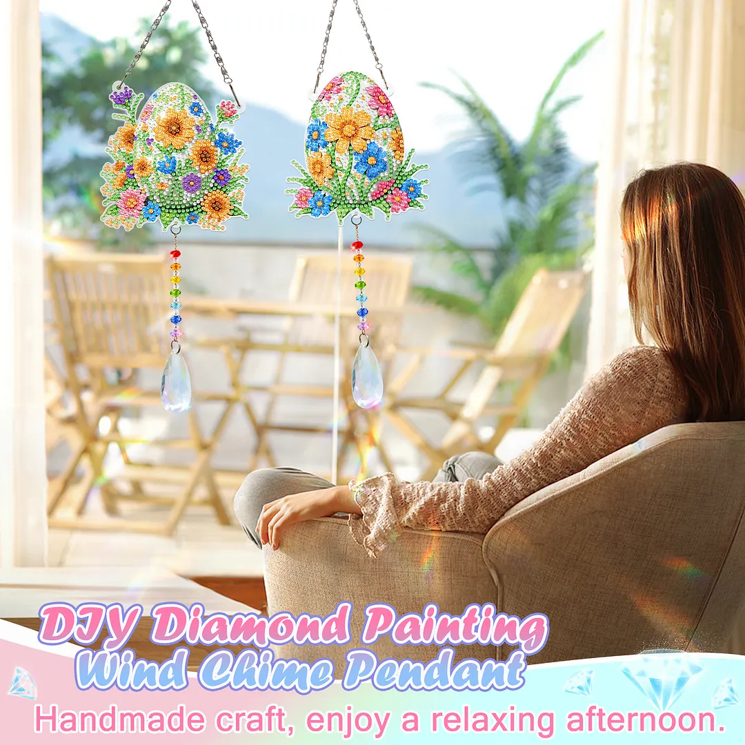2Pcs Flower Easter Egg DIY Acrylic Diamond Painting Art Wind Chimes with Crystal Pendant Diamond Art Hanging Pendant Double-Sided for Adults Beginners Gift Home Garden Decor