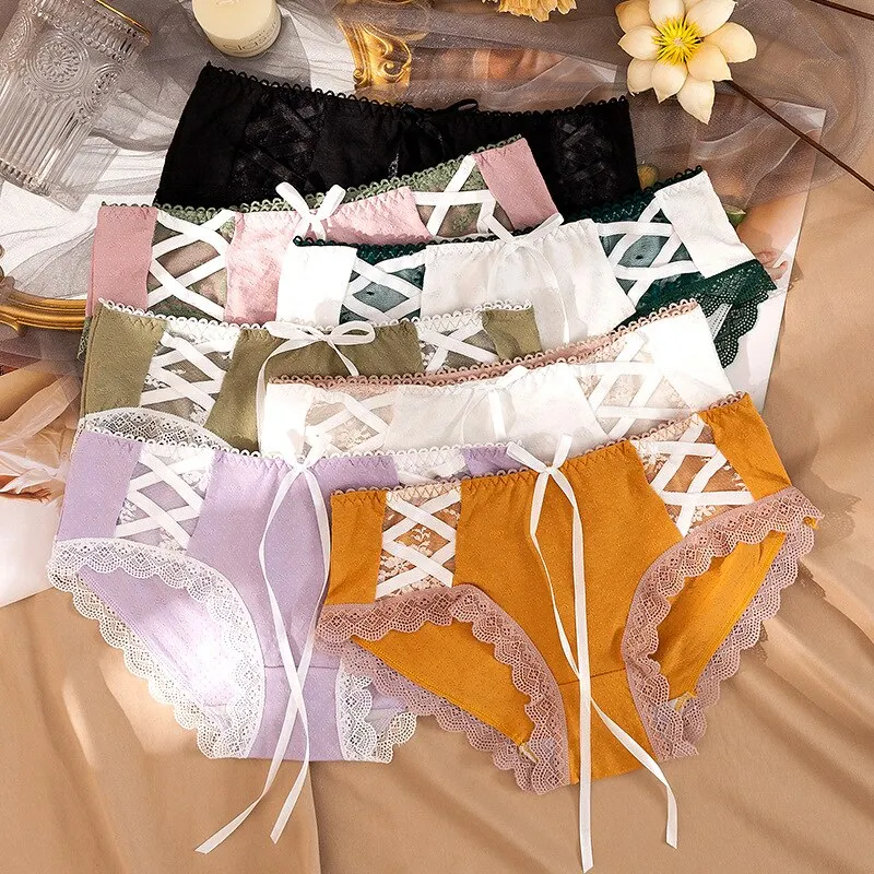 Billionm Girl Briefs Summer Thin Bow Tie Sling Hollow Lace Cotton Crotch Student Cute Candy Color Fashion and Comfortable WOMEN Loli