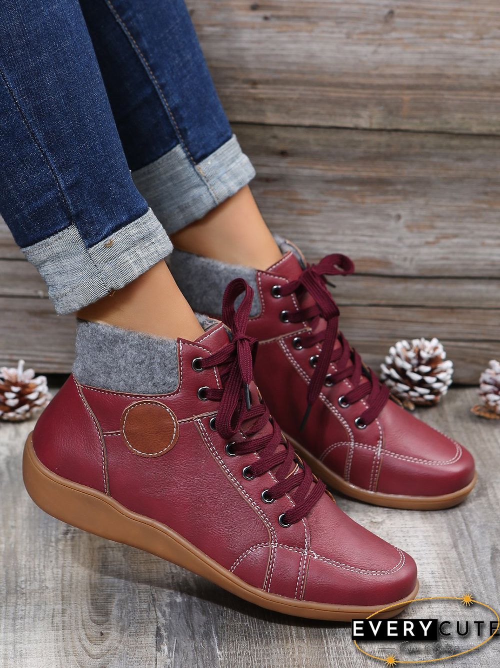 PU Leather Suede Panel Casual Short Boots