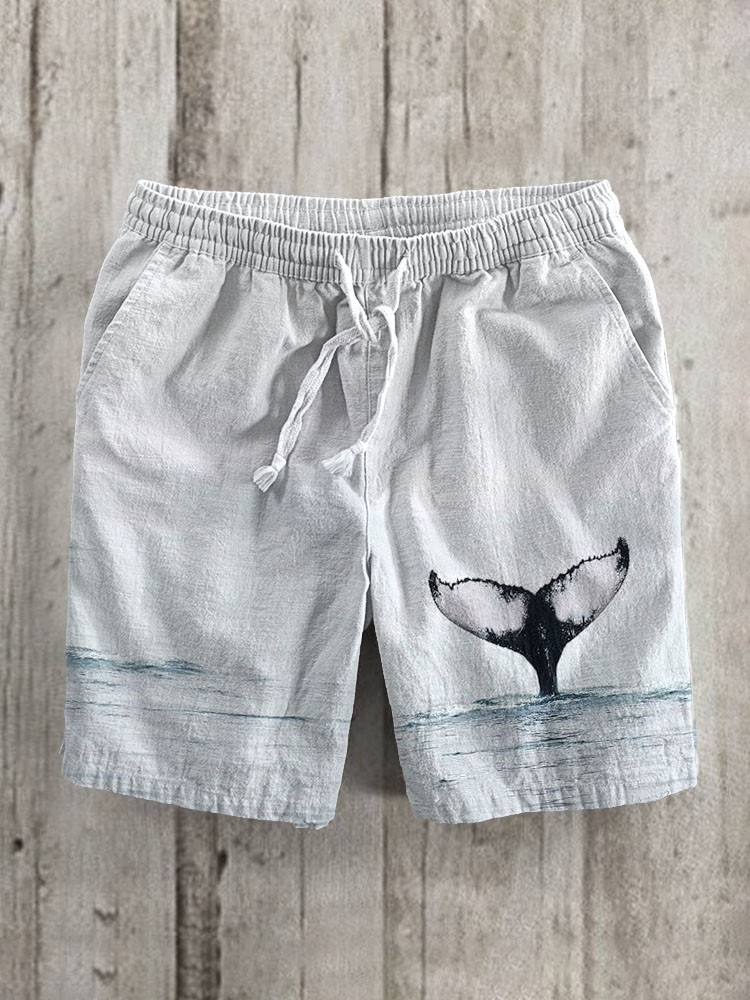 Whale Tail Print Linen Blend Casual Shorts  artssus