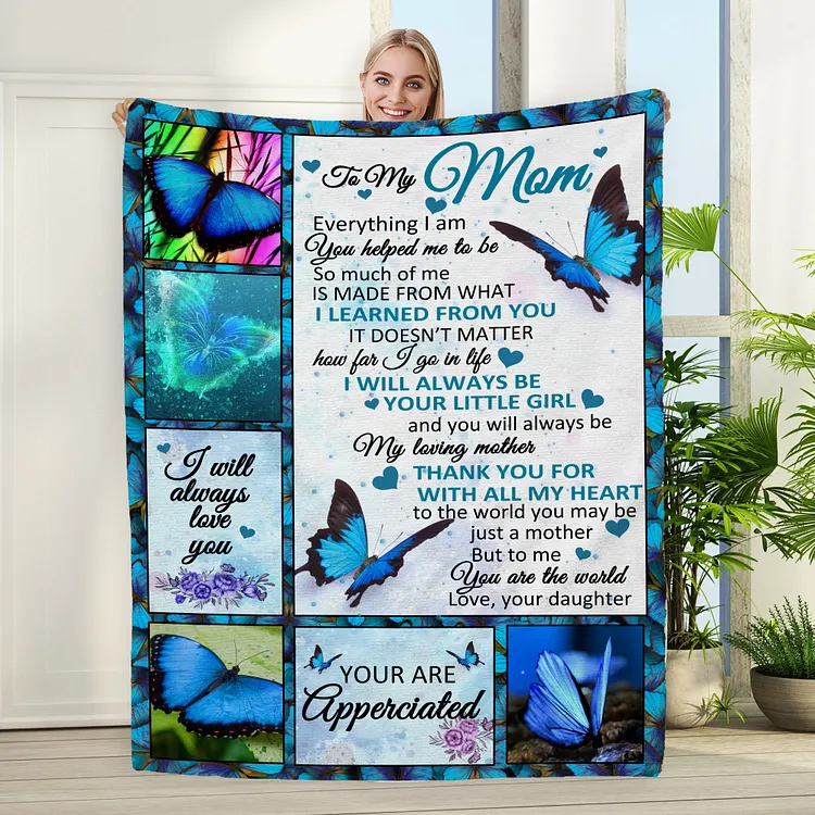 Blue Butterflies Fleece Blanket, A Letter From Daughter, Gifts for Mom