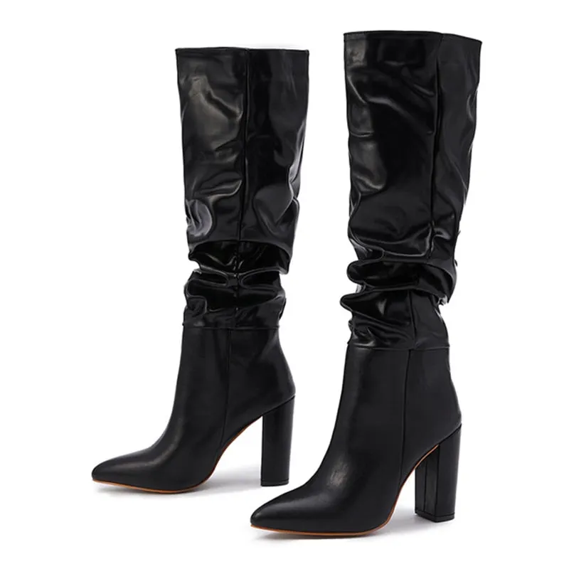 New Black White Knee High Boots Women Fashion Pleated Designer Heels Sxey Pointed Toe Party Dress Dance Shoes Botas De Mujer