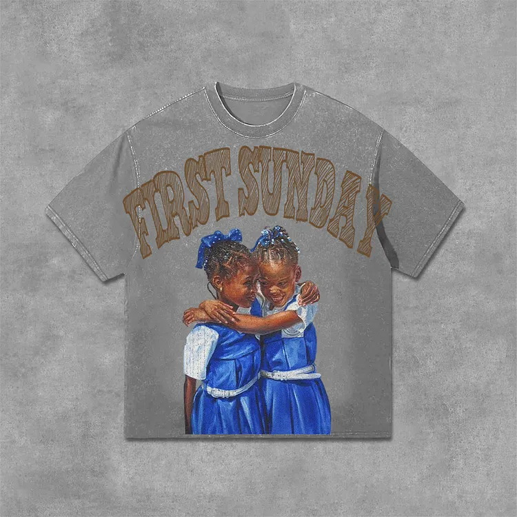 Retro First Sunday Faith Graphic Print Acid Washed T-Shirt