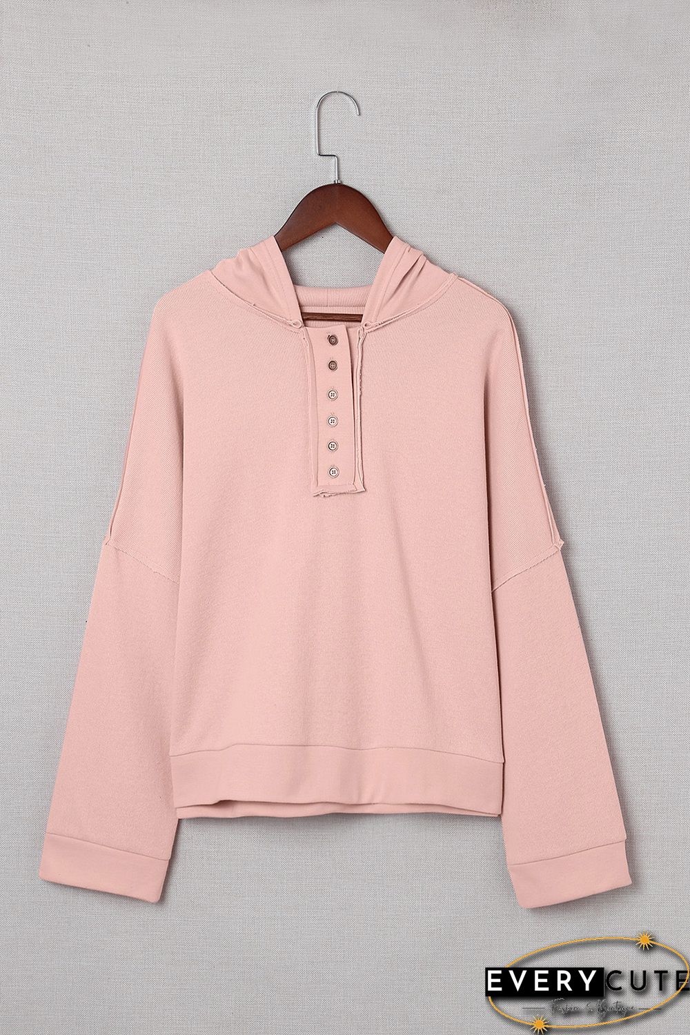Pink Casual Button Solid Patchwork Trim Hoodie