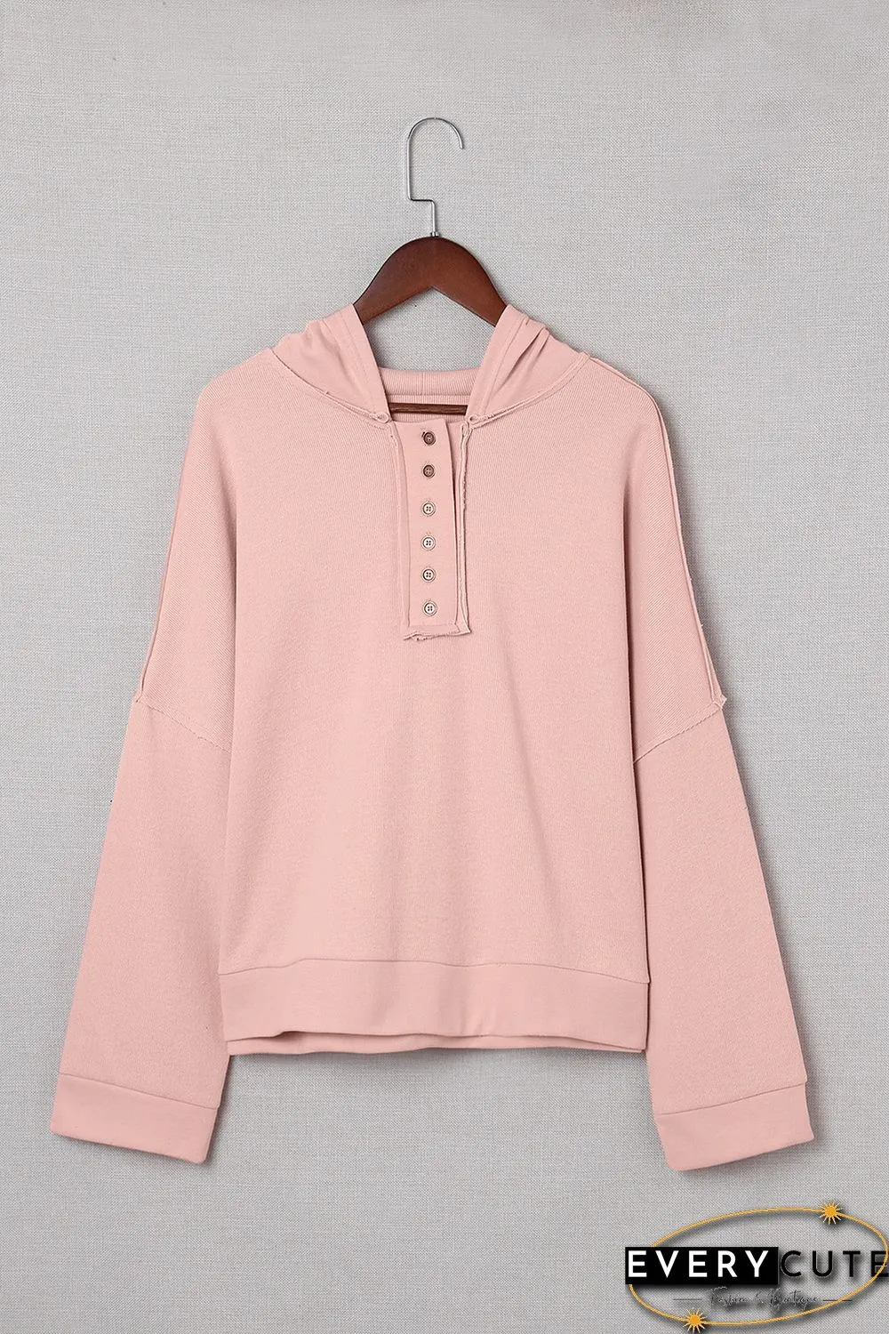 Pink Casual Button Solid Patchwork Trim Hoodie