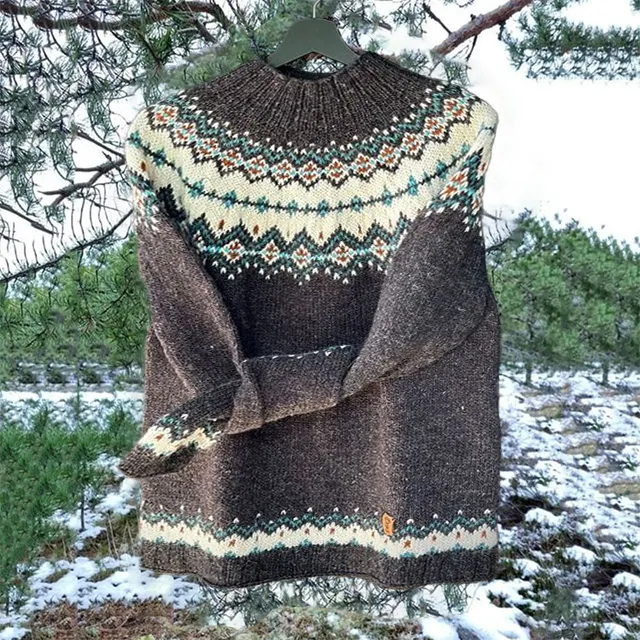 Vintage Gray Icelandic Knit Jacquard Warmth Crew Neck Sweater Unisex