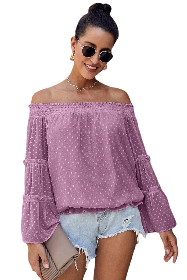 Brownm Long Dot Sleeve Chiffon Off-shoulder Off-the-neck Hollow-out Loose Top