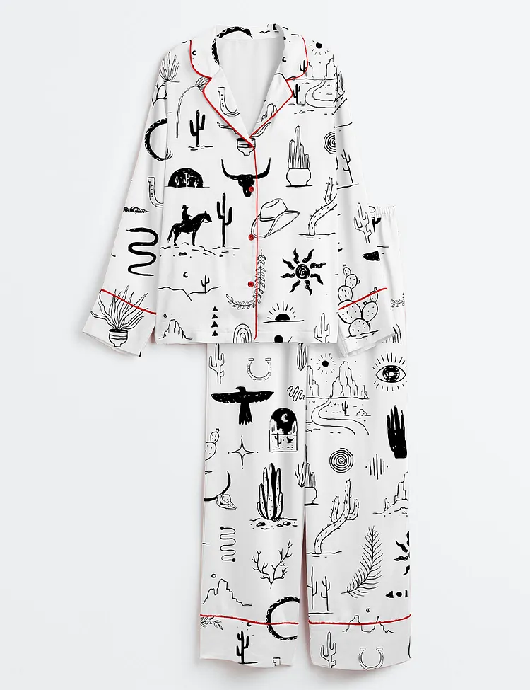 Women&rsquo;s Wild Western Outdoors Adventure Silhouette Cowboy Cactus Mountain Snake Hand Moon Sun Print Long Sleeve Satin Pajama Set