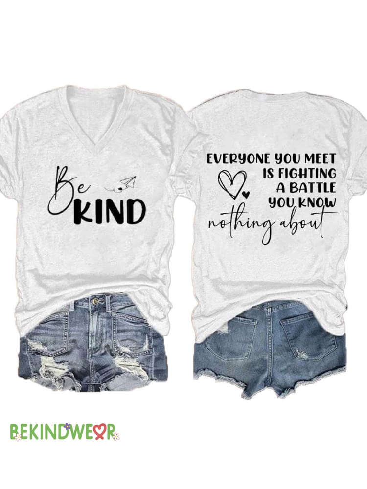 Women&rsquo;s BE KIND V-neck Casual T-Shirt White / S