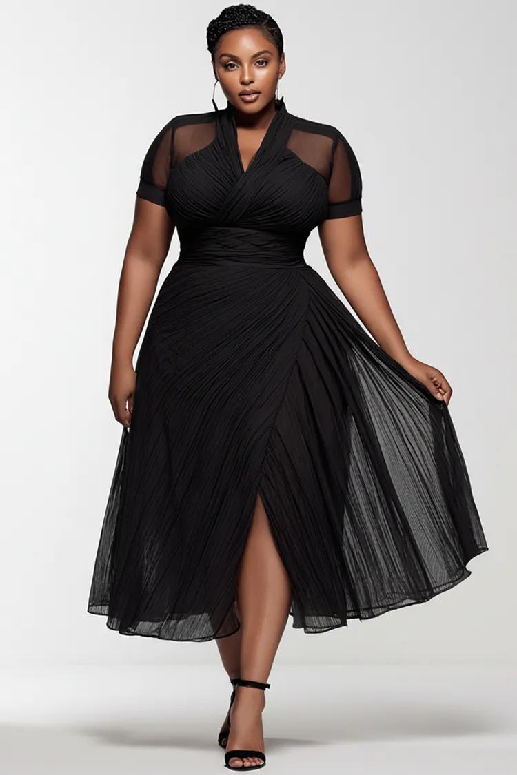 Xpluswear Design Plus Size Party Black V Neck Short Sleeve See Through Pleated Chiffon Midi Dresses 2024 - Xpluswear