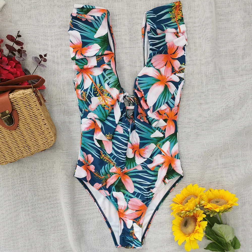 Churchf Printed Flowers Even Lotus Leaf Side Body Swimsuit Women 2025 New Swimsuit Bare Back