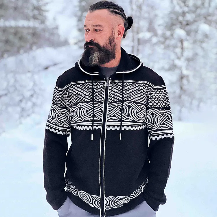 Men's Viking Art Jacquard Knitting Hooded Cardigan