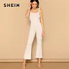 SHEIN Sexy White Self Tie Shoulder Flare Leg Rib-knit Straps Jumpsuit Low Waist Skinny Summer Women Solid Slim Elegant Jumpsuits