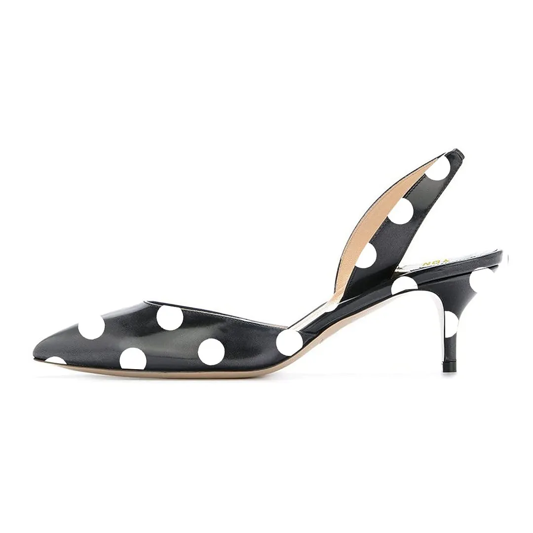 Black & White Polka Dot Pointed Slingback Pumps with Kitten Heel