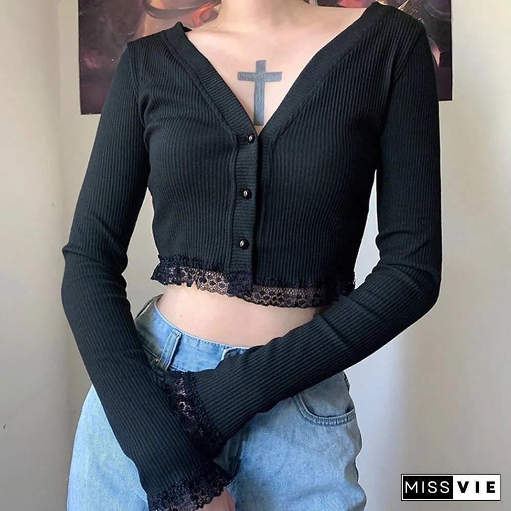 V-neck Long Sleeve Cardigan Lace Crop Top