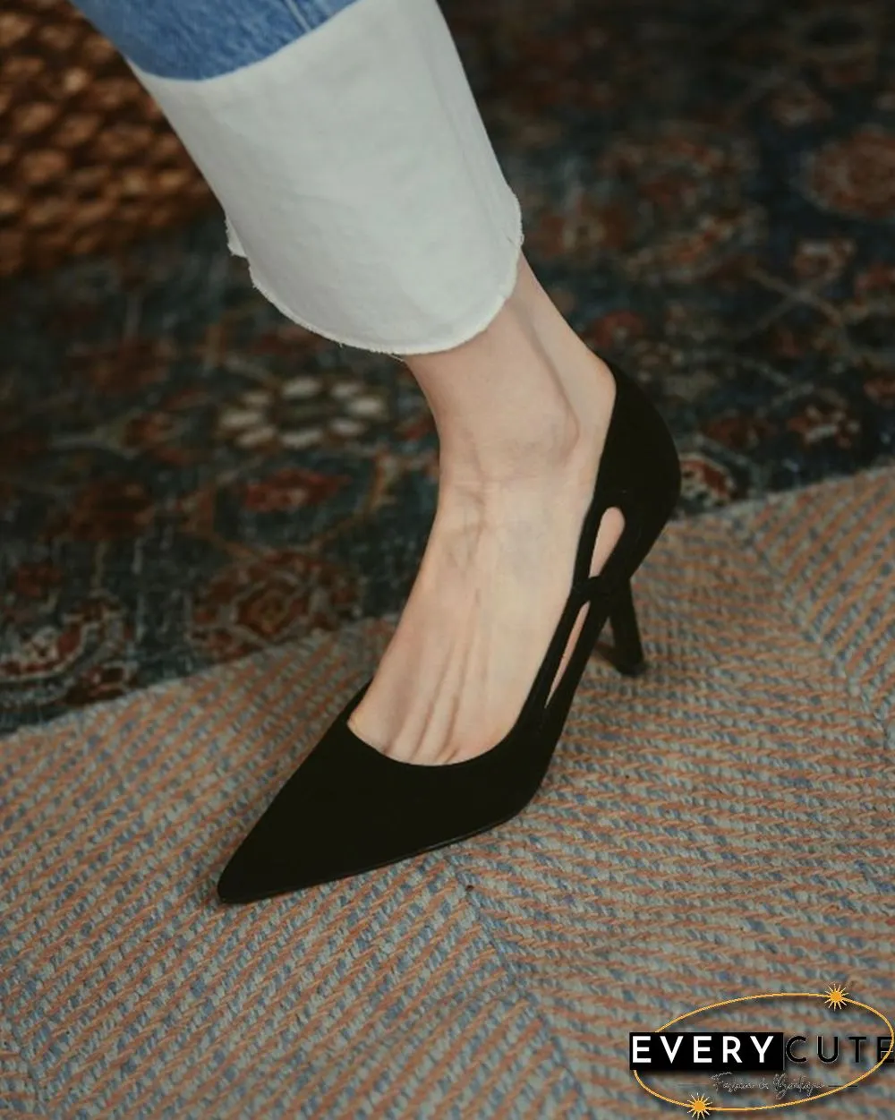Colorblock Cut-out Suede Leather High Heel Sandals
