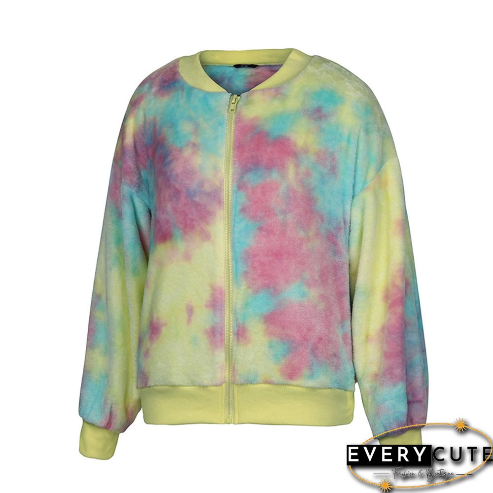 Yellow Zipper Up Tie Dye Print Plush Coat