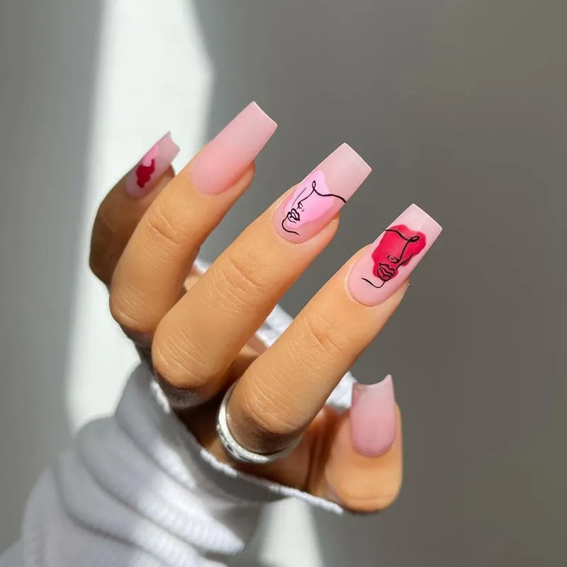 24pcs/Set Coffin Fake Nails European Star Pink Gradient Ballerina Nail Art Full Tips with Sticker Detachable False Nails-Nail Inspo