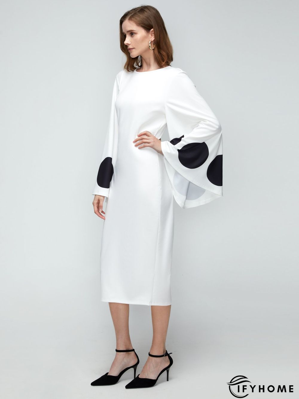 Elegant Flare Sleeve Crew Neck Polka Dots Dress | IFYHOME