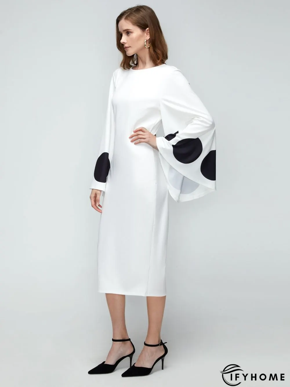 Elegant Flare Sleeve Crew Neck Polka Dots Dress | IFYHOME
