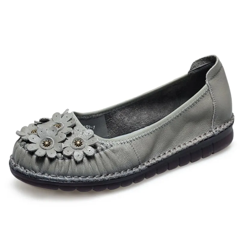 GKTINOO Women Loafers Genuine Leather Flat Heels Flower Round Toe Soft Solid Shoes Platform Ladies Shoes Zapatos De Mujer