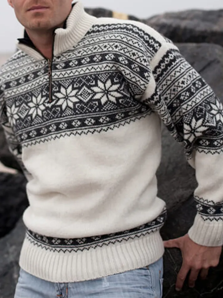 Vintage Warmth Scandinavian Knit Jacquard Icelandic Half Zip Collar Sweater（Unisex ）