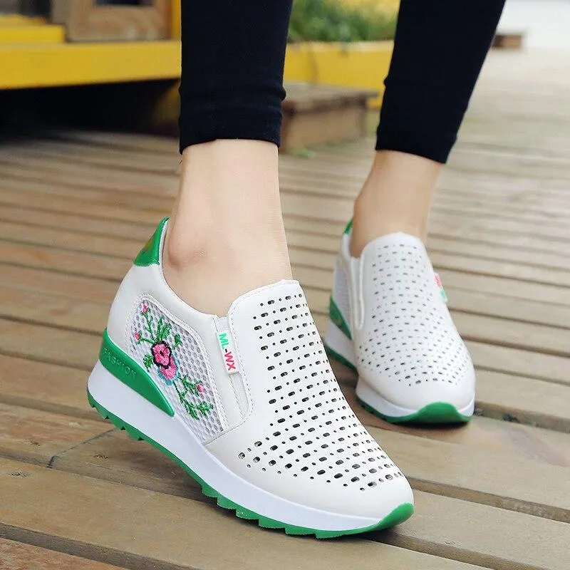 New Women Wedge Ventilation Platform Sneakers PU Leather Shoes Pointed Toe Height Increasing Creepers Zapato Tenis De Mujer