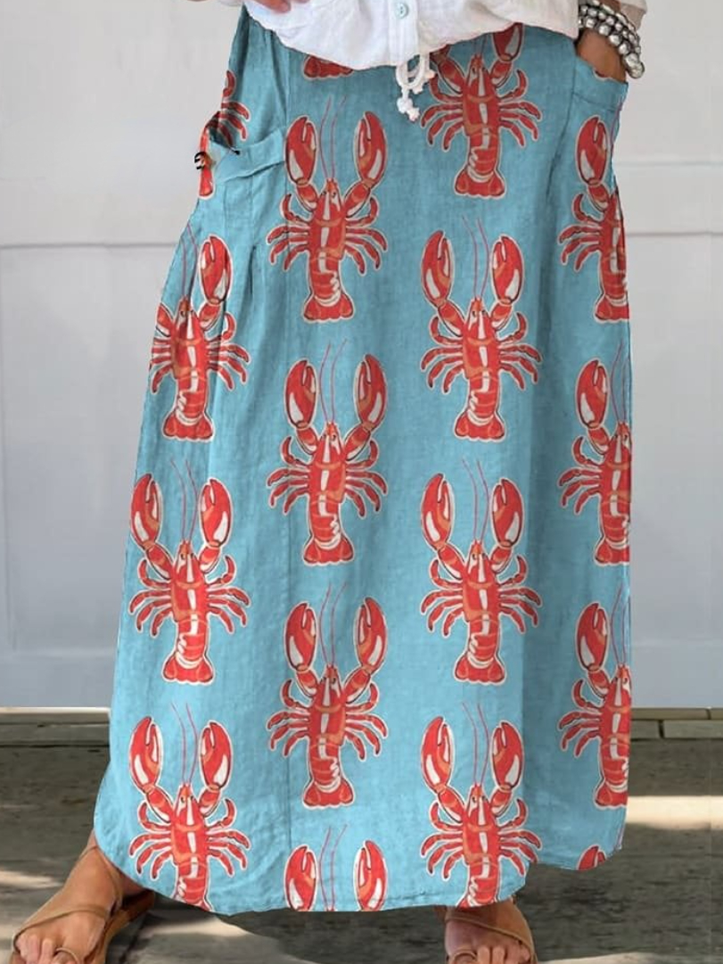 Lobster Repeat Pattern Printed Women's Linen Pocket Skirt