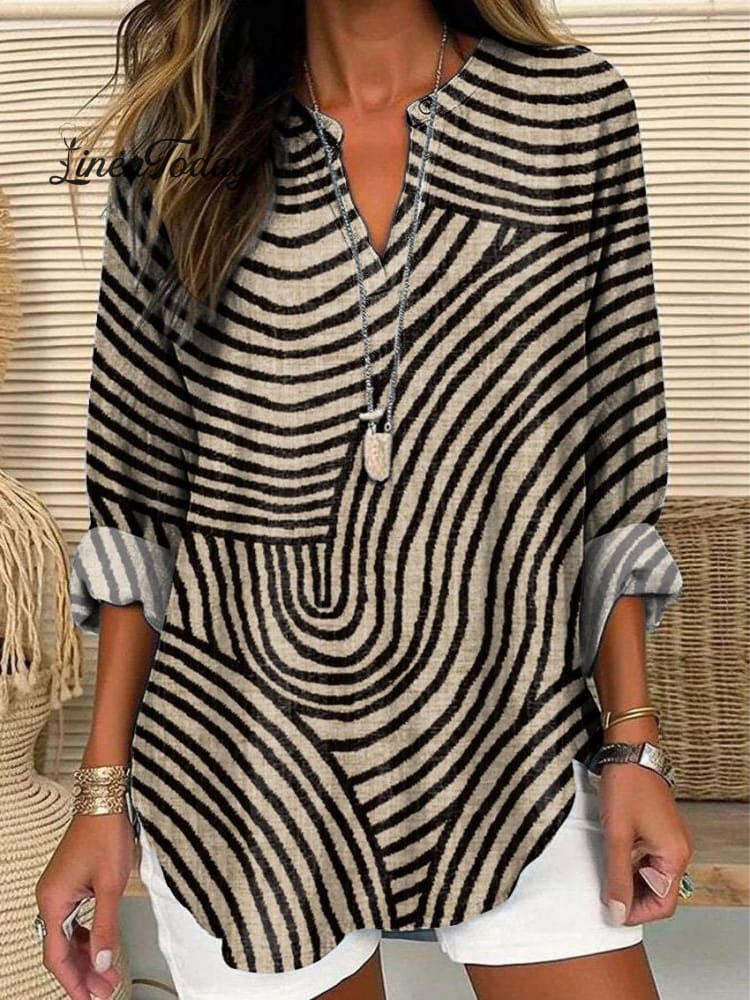 Women&rsquo;s Vintage Hand Drawn Circle Line Print Casual Linen V-Neck Shirt Multicolor / S