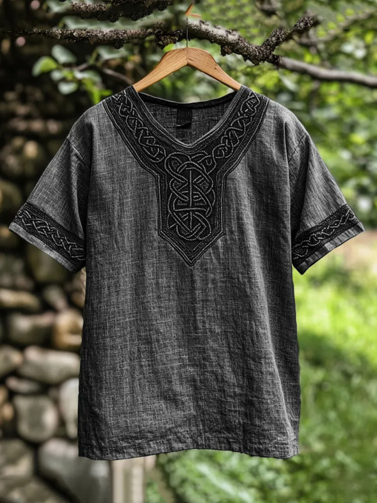 Men's Viking Celtic Knot Art Linen V-neck T Shirt