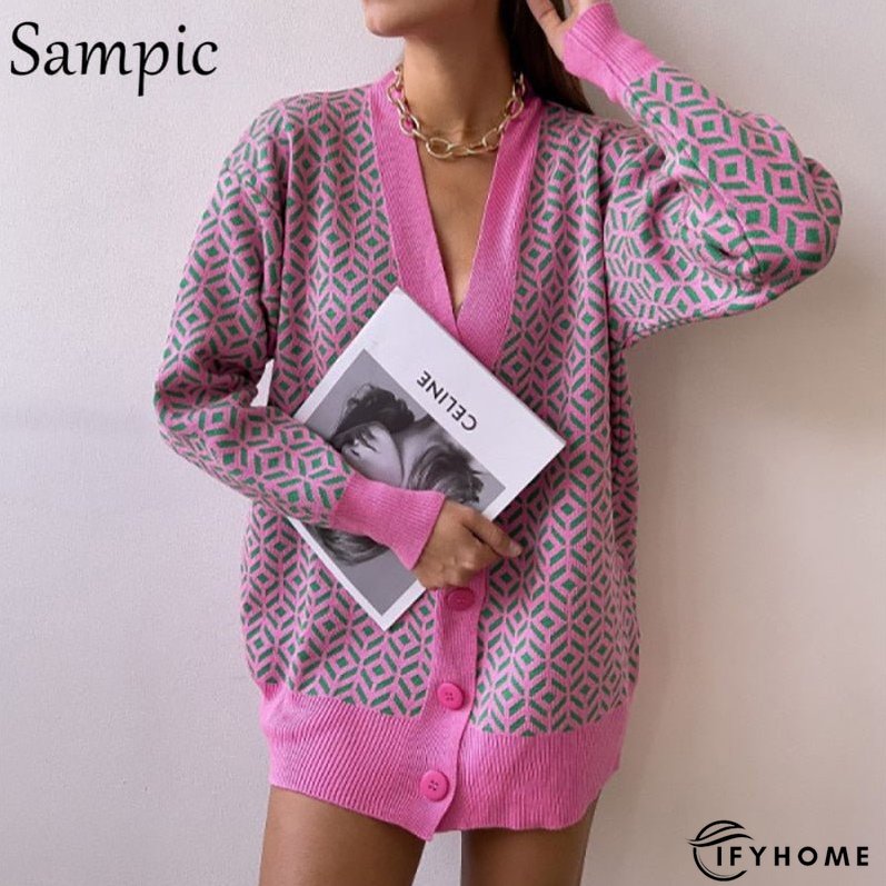 Christmas Gift Sampic Loose Patchwork Knitwear Winter Women Cardigans Tops Oversized Long Sleeve Y2K V Neck Sweater Casual Fashion Tops | IFYHOME
