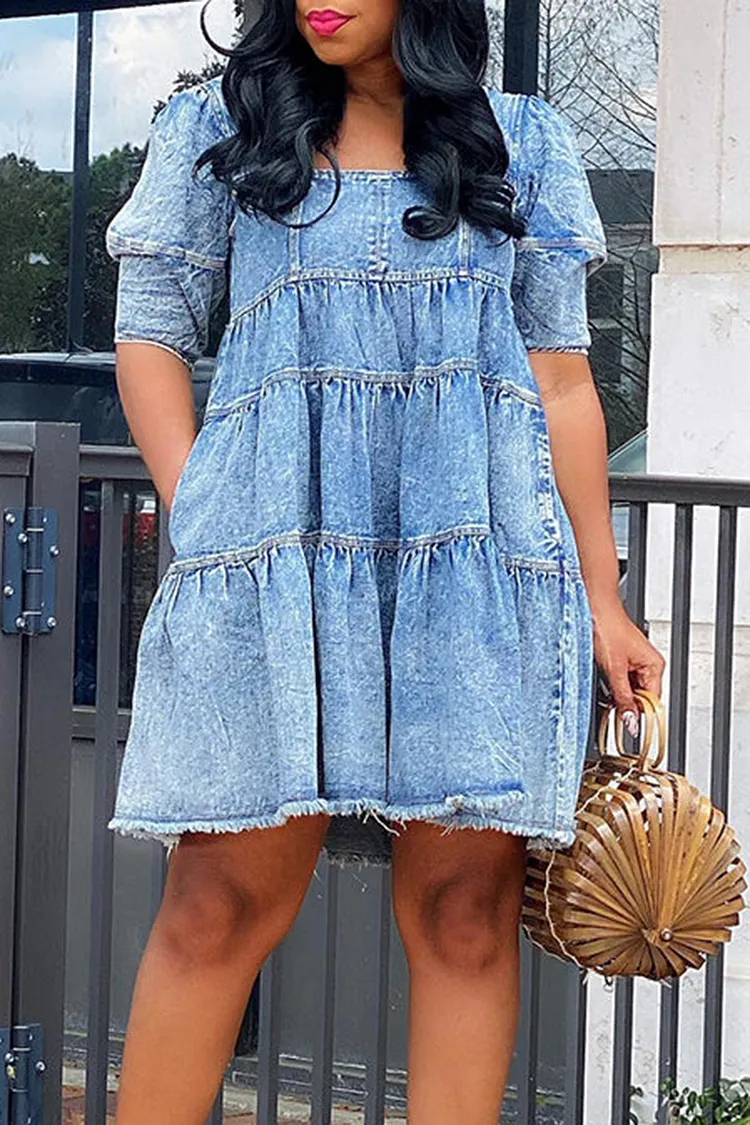knee length dresses for ladies BUBBLED DENIM MINI DRESS  Thick