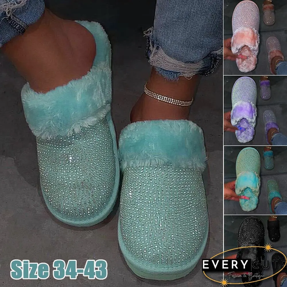 Fashion Womens Glitter Crystal Slippers Memory Foam Fluffy Fur Soft Slippers Warm House Shoes Indoor Outdoor Winter Christmas Gift